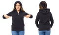 Pointed stylish afro american girl in hoodie front and back view, black woman in black sweatshirt mockup isolated on white