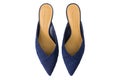 Pointed toe mules shoes in navy blue. Slip on flat shoes made of fabric, top view