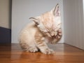 Pointed white kitten washing his face with his paw