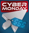 Pointer with Electronic Tag Pushing Red Button of Cyber Monday, Vector Illustration