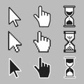 Pointer hand, arrow and hourglass loading clock mouse cursors