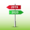 Pointer red and green with the words 2020 and 2019