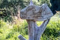 Pointer to the confluence of rivers. Tourist attraction signpost. Place of the junction of the rivers