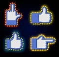 Pointers tablets hand glowing lights set. Retro thumbs up with l