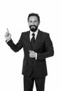 Pointing at business advertisement. Man pointing index finger advertisement isolated on white. Man bearded mature formal