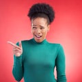 Pointing, confused and a black woman on a red background for showing, angry or frustrated. Thinking, fail and an African Royalty Free Stock Photo