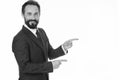 Pointing at copy space. Man pointing index fingers isolated on white. Man bearded mature in formal wear. Businessman or Royalty Free Stock Photo