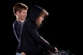 Pointing DJs showcase teamwork on stage confidently Royalty Free Stock Photo