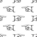 Pointing finger. Black vintage engraved illustration seamless pattern isolated on a white background. Vector Royalty Free Stock Photo