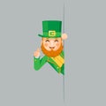 Pointing finger up looking out corner saint patrick leprechaun gnome celebration clover design flat vector illustration