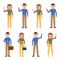 Pointing finger, waving, standing front view with coffee, victory sign boy and girl cartoon character vector set Royalty Free Stock Photo