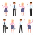 Pointing finger, waving, standing front view with coffee, victory sign eyeglasses boy and blonde girl cartoon character set vector