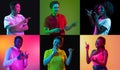 Pointing fingers. Collage of images of six young people, smiling man and women isolated over multicolored neon Royalty Free Stock Photo