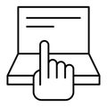 Pointing hand and laptop thin line icon. Computer and hand vector illustration isolated on white. Finger aiming on Royalty Free Stock Photo