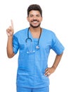 Pointing hispanic male nurse with beard Royalty Free Stock Photo