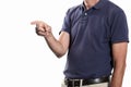 Pointing index finger concept: man pointing his index finger isolated on white background, copy space and clipping path included