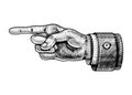 Pointing male hand. Engraved Forefinger directs. Sketch in vintage retro style. Close up arm gesture in monochrome style