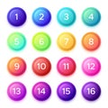Pointing number on gradient bullet button icon. Colorful 3D circle buttons with point numbers on ball bullets isolated