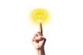 Pointing out a light yellow light bulb that reflects the best idea, isolated on a white background
