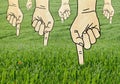 Pointing and Planting Green Hands in Grass Field