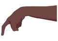 Pointing or pressing hand. Afro American dark skin color. Hand touch. Tapping finger. Isolated on white. Flat style