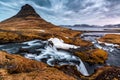 Pointy Mount Kirkjufell guards over the waterfall Kirkjufellsfoss .psd