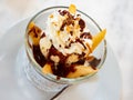 Poire belle Helene dessert of poached pear with ice cream and chocolate Royalty Free Stock Photo