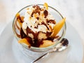 Poire belle Helene dessert of poached pear with ice cream and chocolate Royalty Free Stock Photo