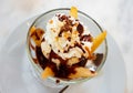 Poire belle Helene dessert of poached pear with ice cream and chocolate Royalty Free Stock Photo