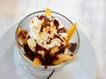 Poire belle Helene dessert of poached pear with ice cream and chocolate Royalty Free Stock Photo