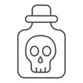 Poison in bottle thin line icon, halloween concept, bottle with skull sign on white background, vial with dangerous