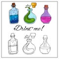Poison bottles. Hand drawn set of glass flasks with magic elixir. Witchcraft element for Halloween, decoration, design Royalty Free Stock Photo