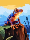 Poison dart frog on a branch in the rainforest. Tropical rainforest reptiles animals. Vector