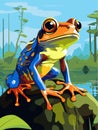 Poison dart frog on a branch in the rainforest. Tropical rainforest reptiles animals. Vector