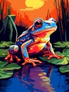 Poison dart frog on a branch in the rainforest. Tropical rainforest reptiles animals. Vector