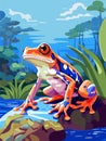 Poison dart frog on a branch in the rainforest. Tropical rainforest reptiles animals. Vector