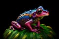 Poison vivid color frog. Poisonous animal of tropical rainforest. Pet in terrarium Royalty Free Stock Photo