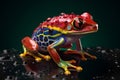 Poison vivid color frog. Poisonous animal of tropical rainforest. Pet in terrarium Royalty Free Stock Photo