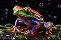 Poison vivid color frog. Poisonous animal of tropical rainforest. Pet in terrarium Royalty Free Stock Photo