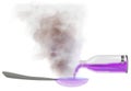 Poisoned children\'s fever syrup in white background. A purple syrup is poured into a tablespoon