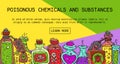 Poisonous chemicals and substances banner vector illustration. Different containers for liquids oil, biofuel, explosive