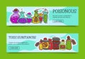 Poisonous chemicals and toxic substances banners vector illustration. Different containers for liquids oil, biofuel