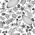 Poisonous plants coloring page - seamless pattern with rosary pea, deadly nightshade, lilly-of-the-valley, castor bean, jimsonweed