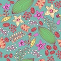 Poisonous plants - seamless pattern with rosary pea, deadly nightshade, lilly-of-the-valley, castor bean, jimsonweed, dolls eyes.