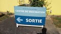Coronavirus covid vaccination center with the sign indicating the exit after vaccine