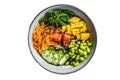 Poke bowl with fresh Salmon fish, rice, seaweed, edamame, cucumber and black sesame. Isolated on white background. Royalty Free Stock Photo