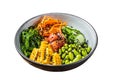 Poke bowl with fresh Salmon fish, rice, seaweed, edamame, cucumber and black sesame. Isolated on white background. Top Royalty Free Stock Photo