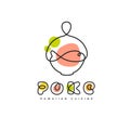Poke Bowl Hawaiian Cuisine Artisanal Logo. Plate with Fish Healthy Food Restaurant Line Vector Illustration