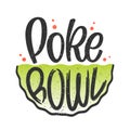 Poke Bowl logo. Vector illustration of Hawaiian cuisine dish with hand drawn lettering typography and plate. Design template Royalty Free Stock Photo