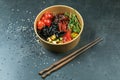 Poke bowl with moshroom, rice, agg and vegetables